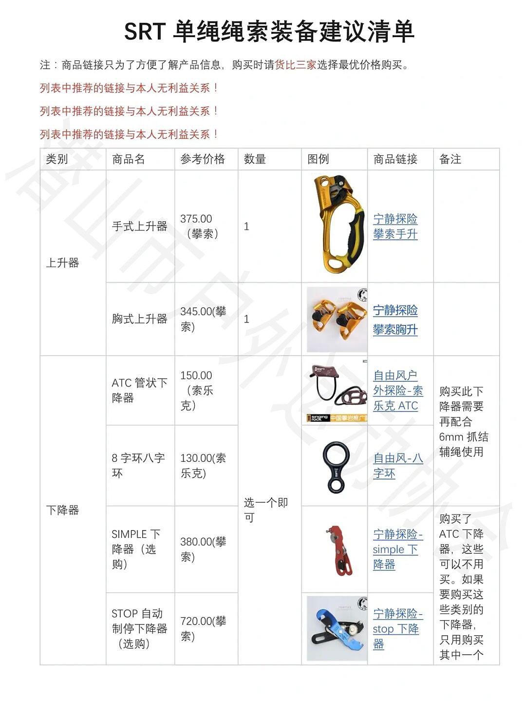 SRT单绳装备清单建议 图1